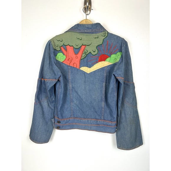1970s Faded Glory Denim Button Up Jacket Size‎ 36/9 Small Landscape Sunset Patch
